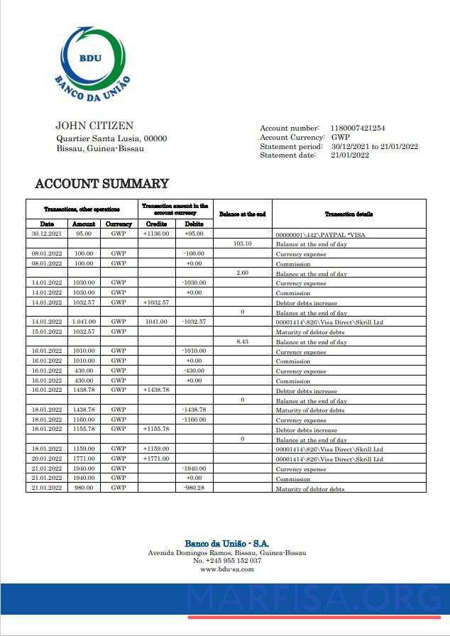Blank Guinea Bissau Banco da Uniao bank statement word real example